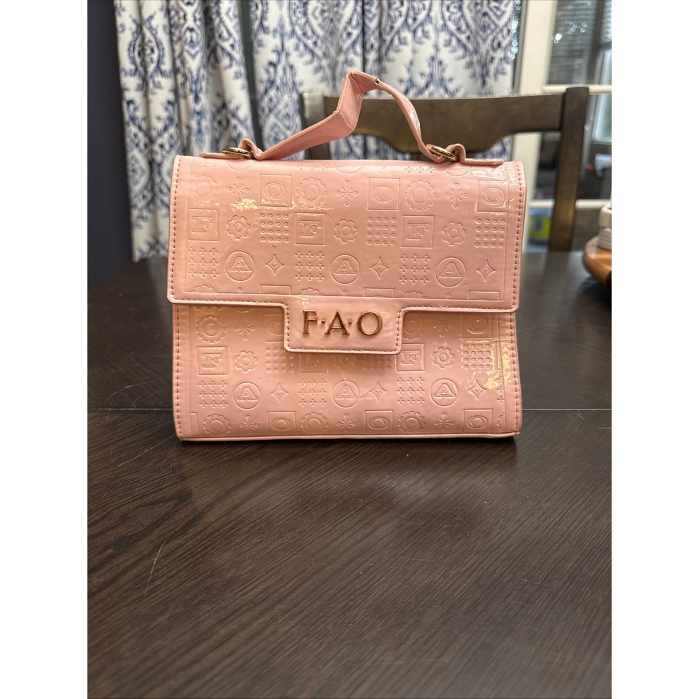 FAO Schwarz Pink Patent Embossed Monogram Top Handle‎ Handbag Gold Logo Bag
